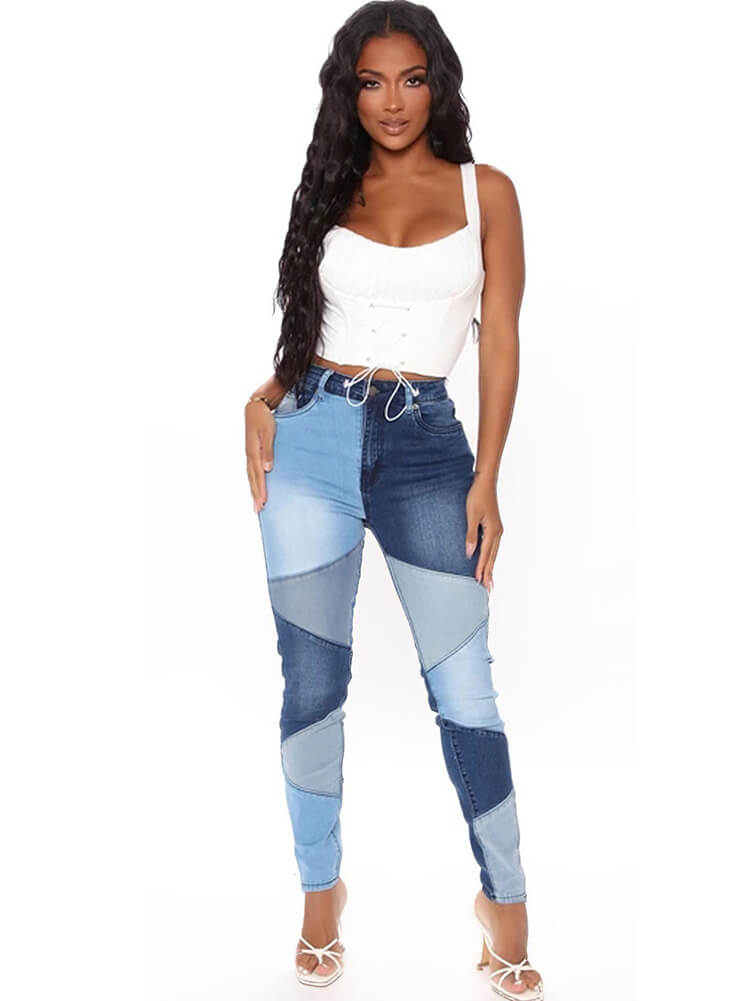 Denim Patchwork High Waist Jeans Tiynon