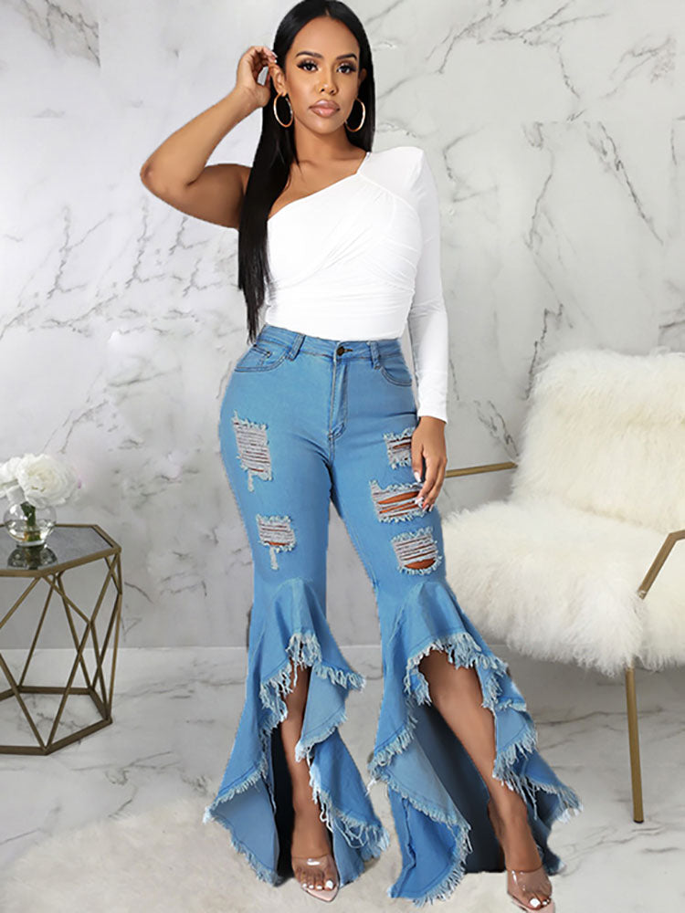 Denim Ripped Ruffle Hem Long Jeans Tiynon