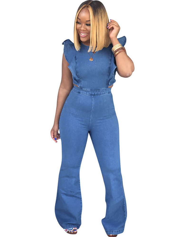 Denim Ruffle Sleeveless Zip Up Jumpsuit Tiynon