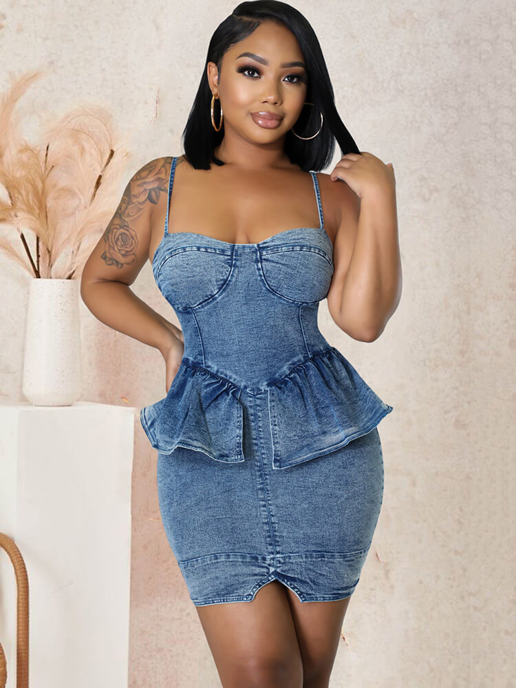 Denim Spaghetti Strap Ruffle Bodycon Mini Dresses Tiynon