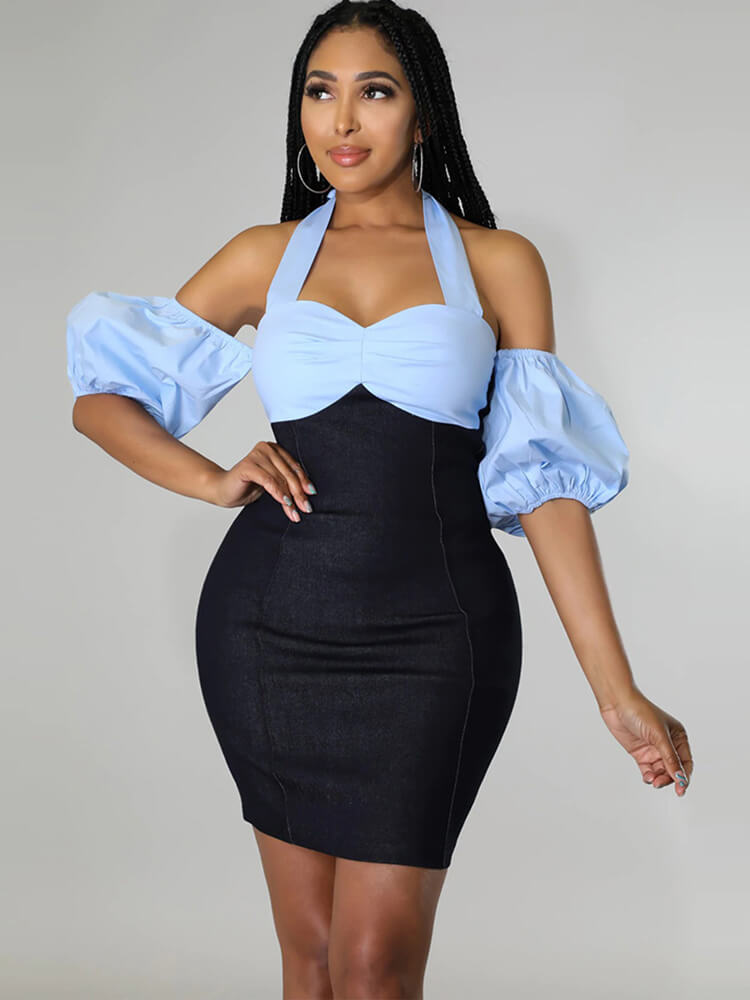 Denin Patchwork Off Shoulder Mini Dresses Tiynon