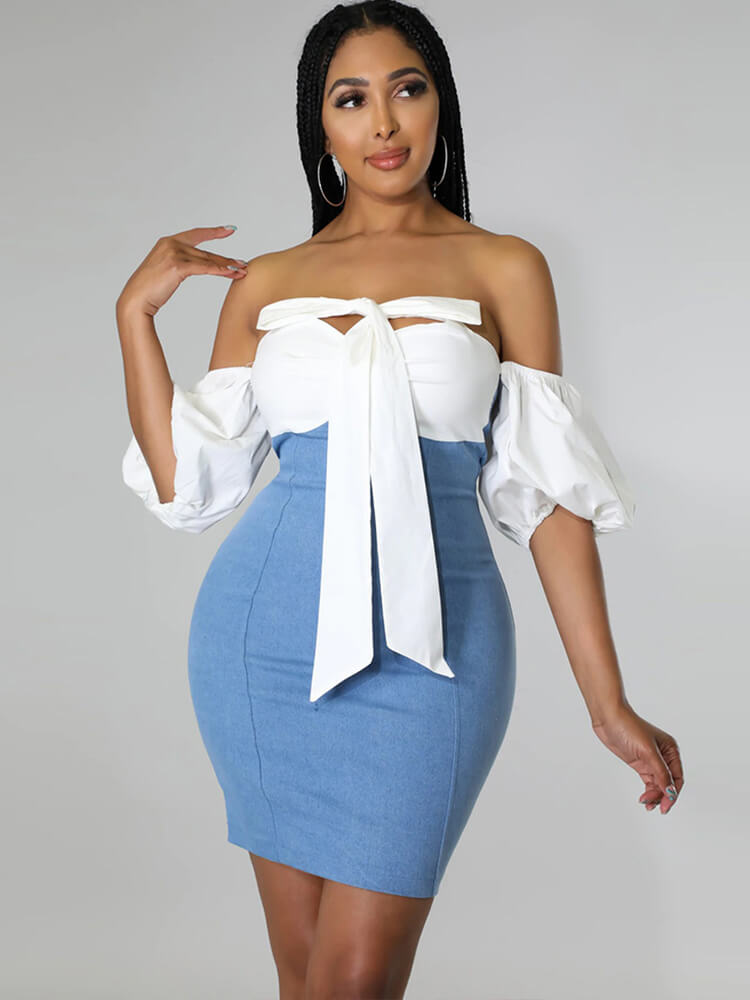 Denin Patchwork Off Shoulder Mini Dresses Tiynon