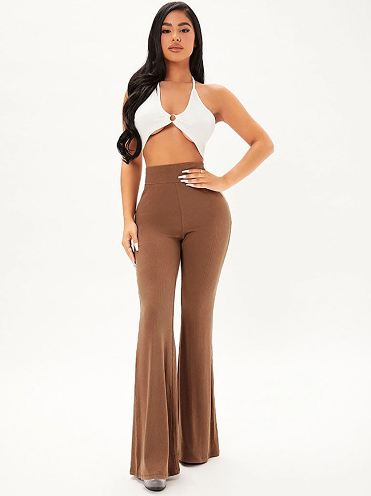 Elastic Solid Color Flare Bottoms Tiynon