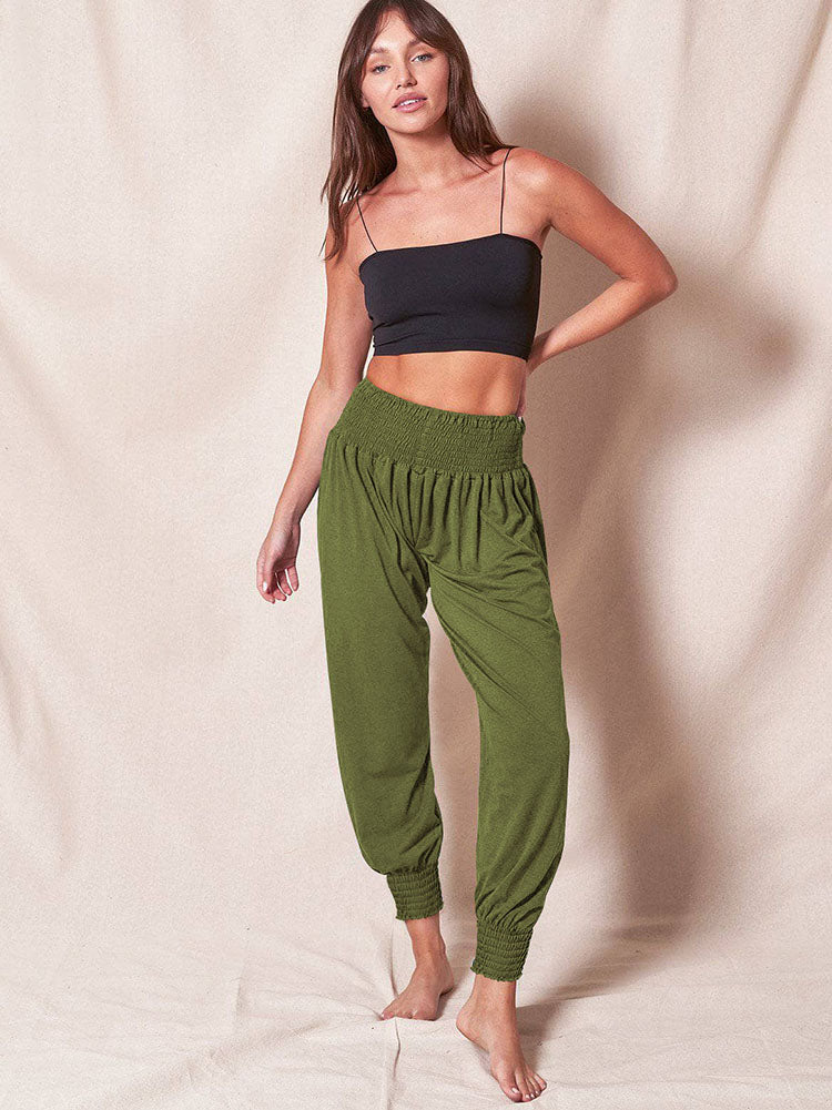 Elastic Waist Solid Color Loose Long Pants Tiynon