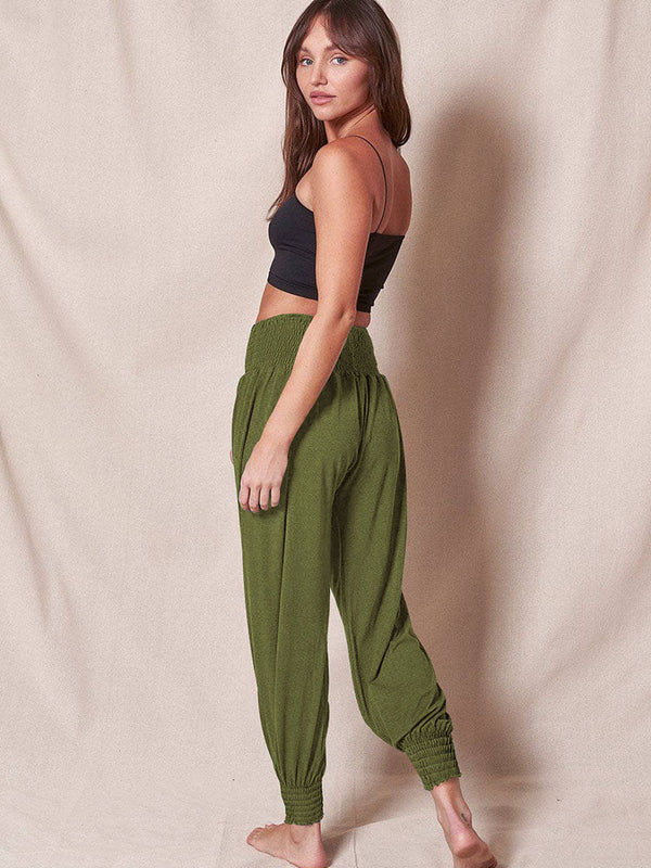 Elastic Waist Solid Color Loose Long Pants Tiynon