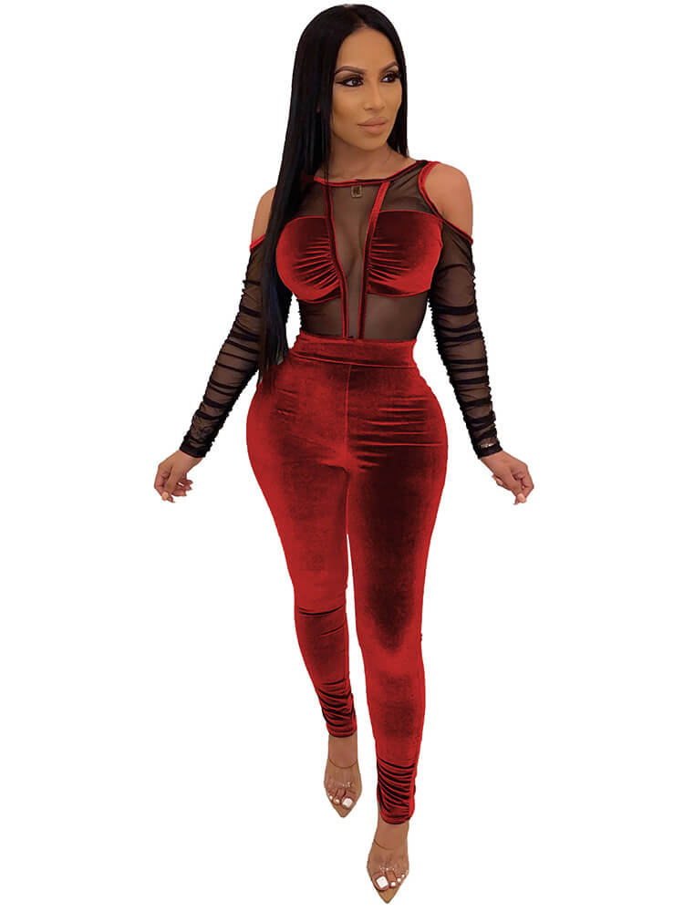 Elegant Sheer Mesh Cold Shoulder Velvet Bodycon Jumpsuits Tiynon