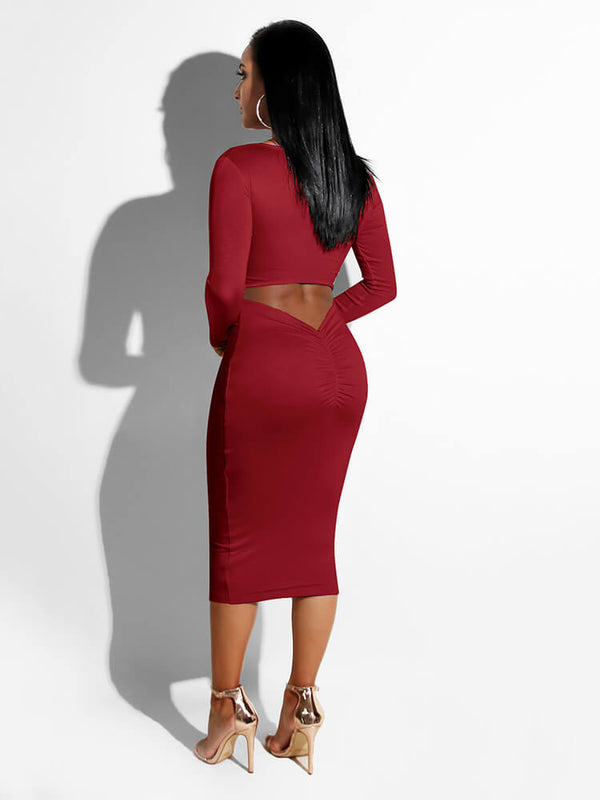 Elegant Solid Color Hollow Out Bodycon Midi Dresses Tiynon