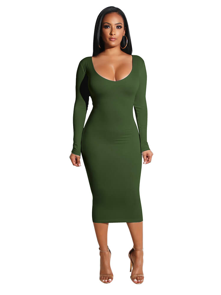 Elegant Solid Color Hollow Out Bodycon Midi Dresses Tiynon