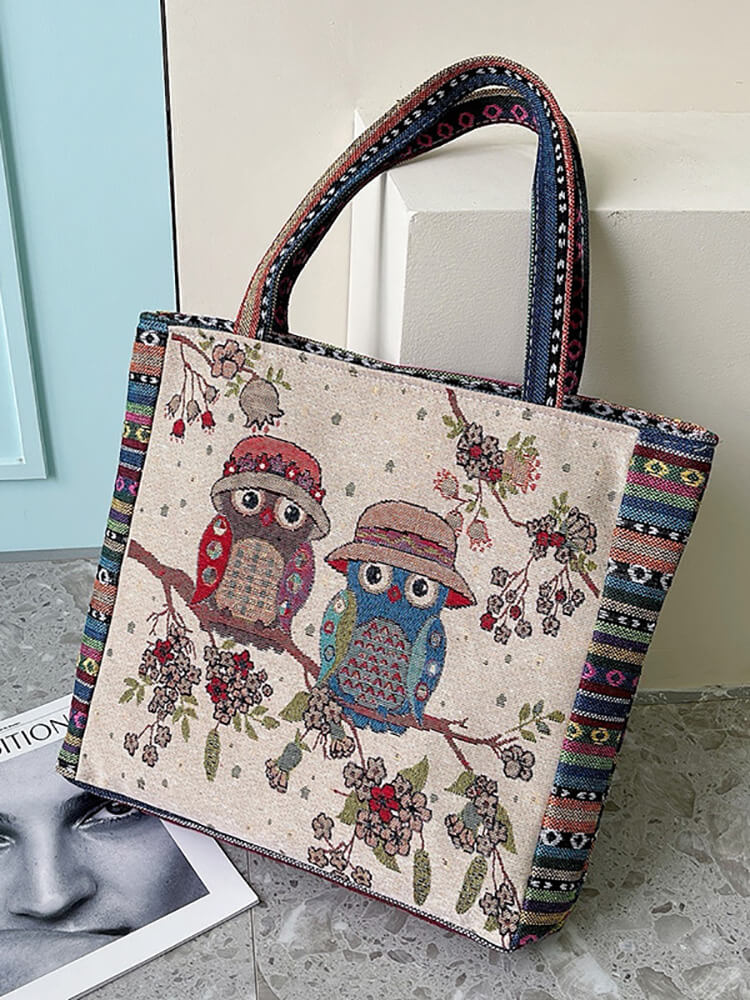 Embroidered Owl Floral Print Shoulder Bag Tiynon