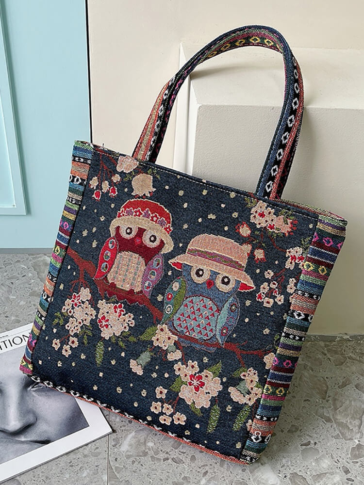 Embroidered Owl Floral Print Shoulder Bag Tiynon