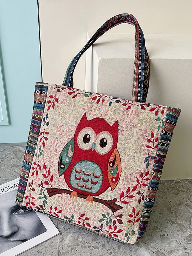 Embroidered Owl Floral Print Shoulder Bag Tiynon