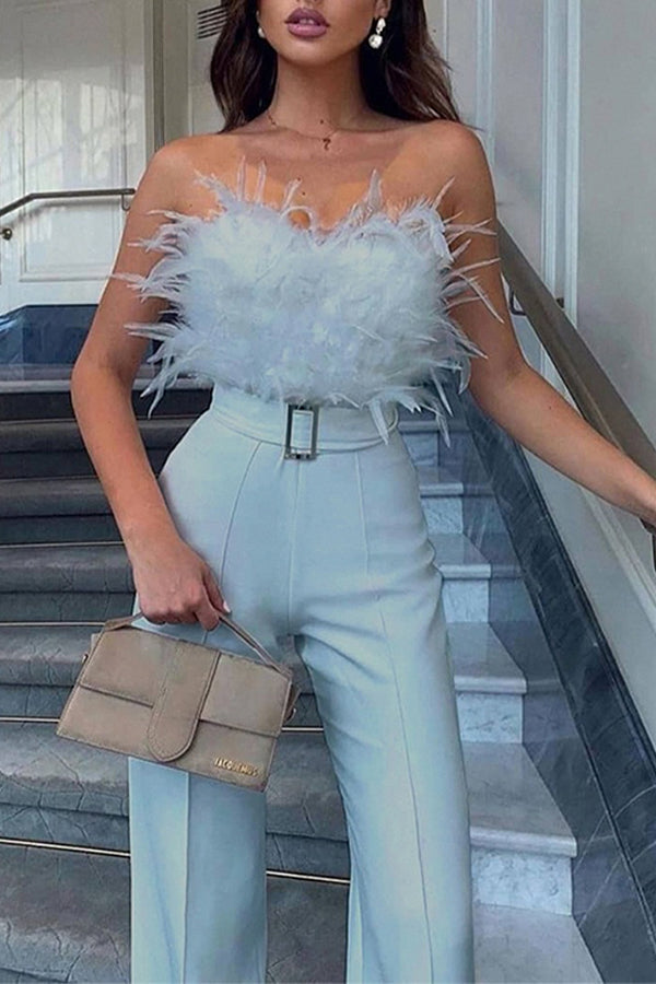 Fashion feather tube top sexy jumpsuit Tiynon