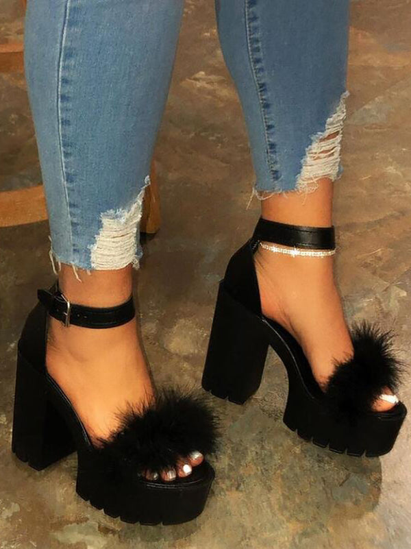 Feather Patchwork Chunky Platform Heels Tiynon