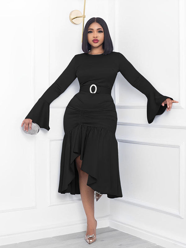 Flare Sleeve Asymmetrical Hem Midi Dresses Tiynon