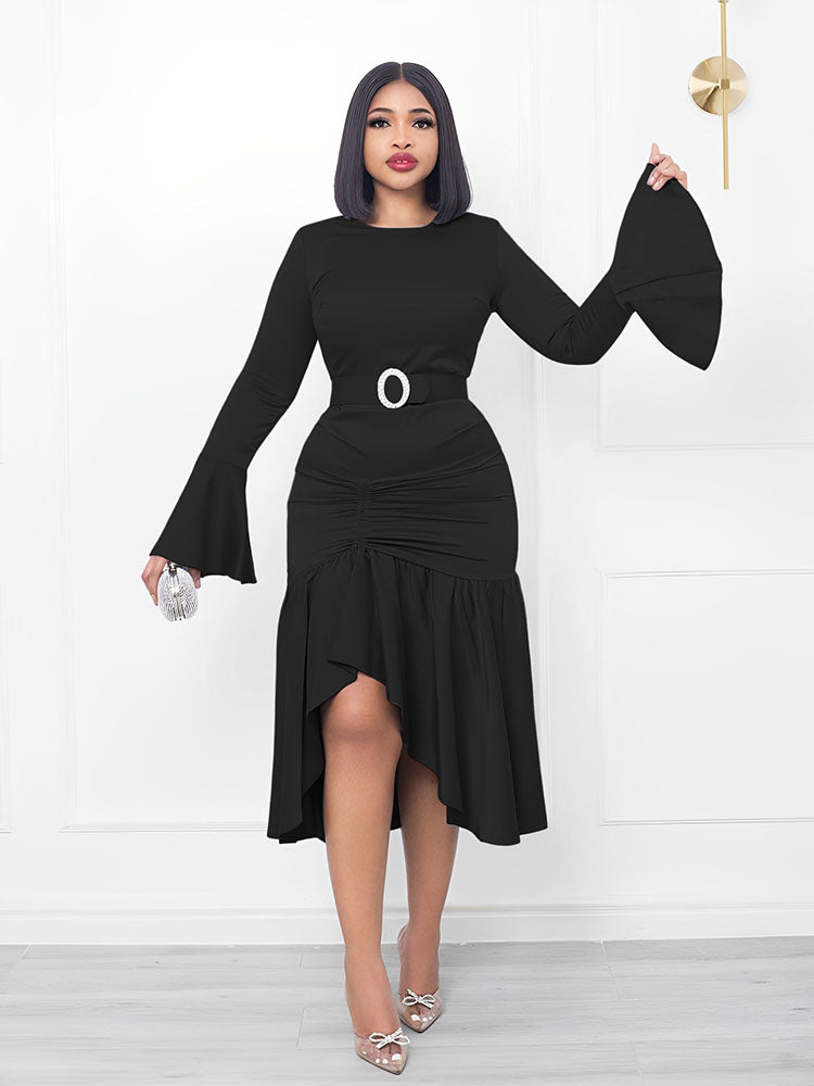 Flare Sleeve Asymmetrical Hem Midi Dresses Tiynon