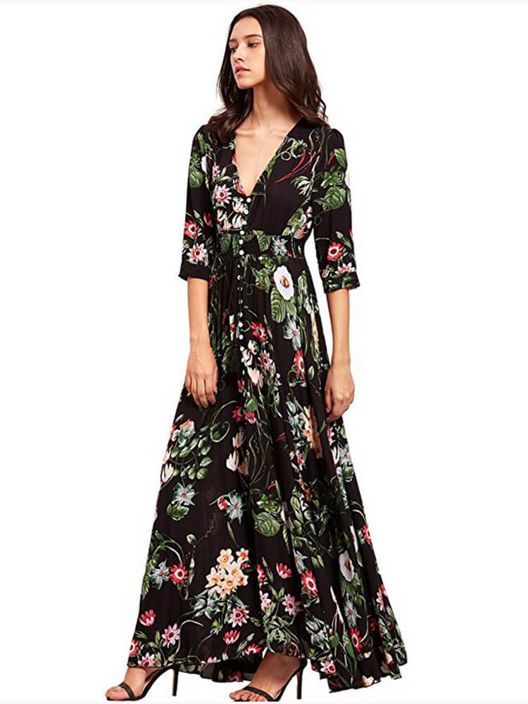 Floral Boho V-Neck Split Maxi Dresses Tiynon