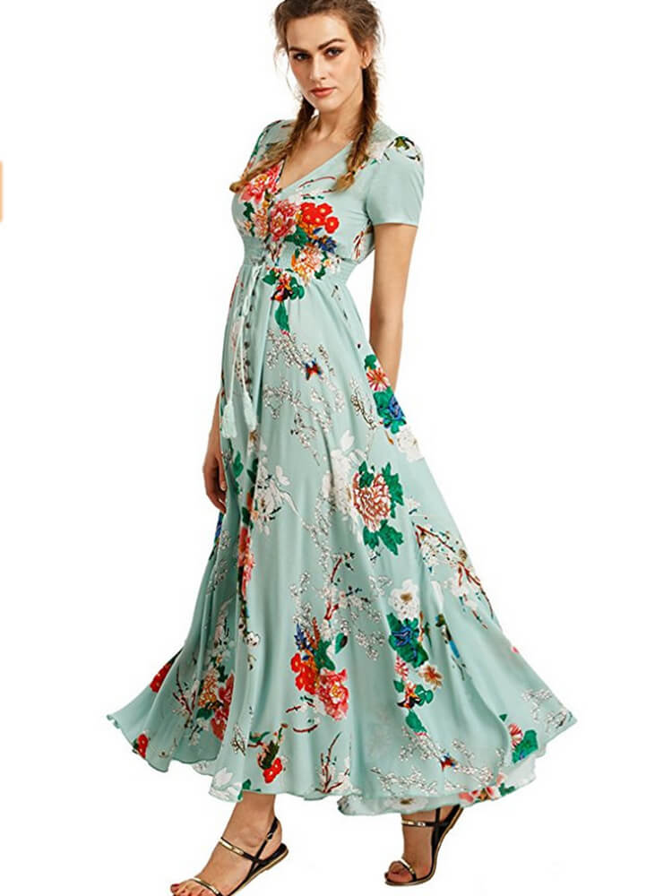 Floral Boho V-Neck Split Maxi Dresses Tiynon