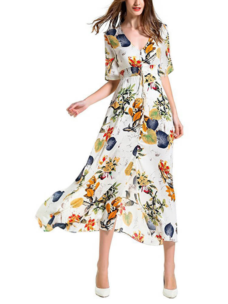 Floral Boho V-Neck Split Maxi Dresses Tiynon