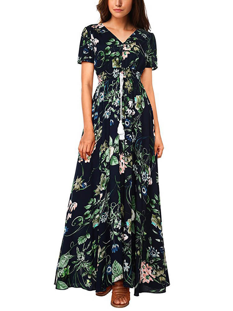 Floral Boho V-Neck Split Maxi Dresses Tiynon