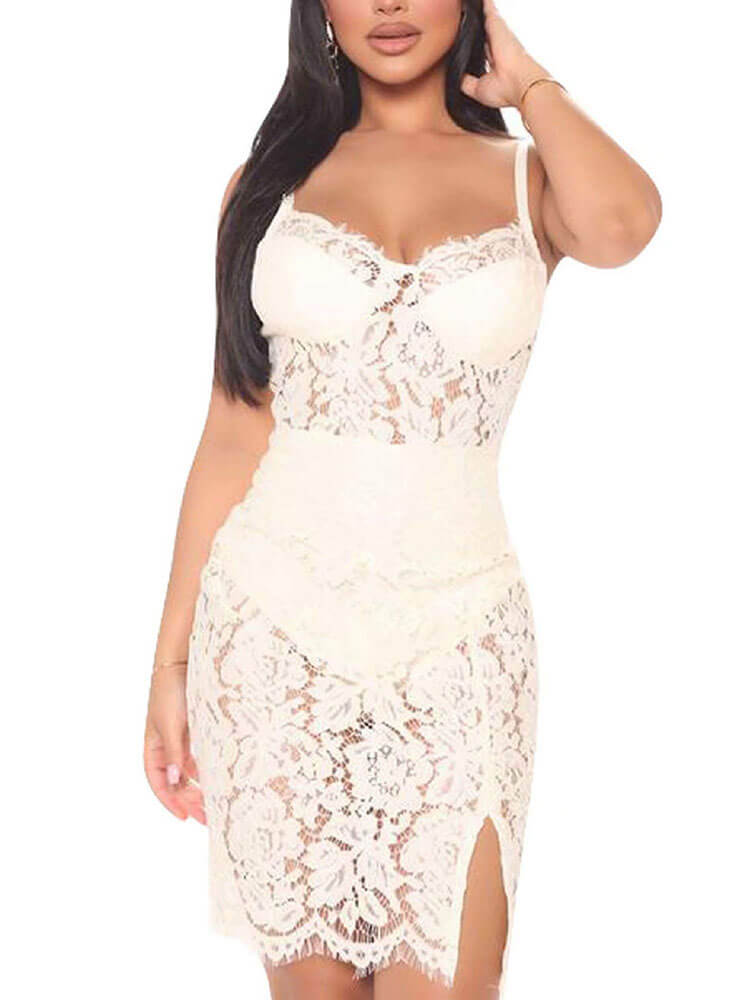 Floral Lace Mesh Hollow Out Bodycon Dress Tiynon