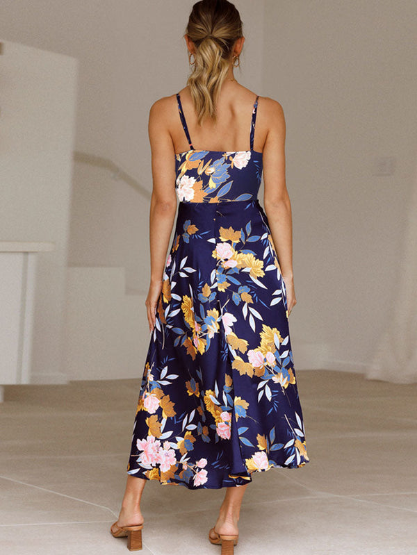 Floral Print V Neck Backless Maxi Dresses Tiynon