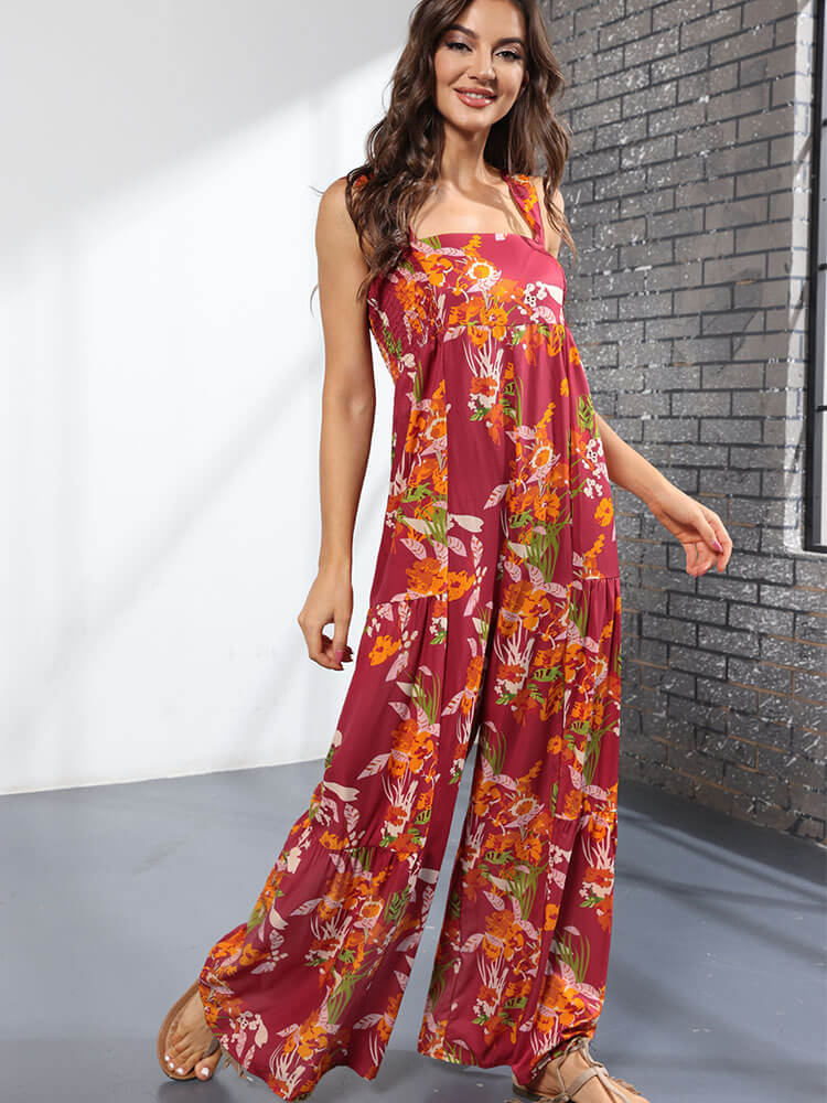 Floral Printed Boho Square Neck Jumpsuit Tiynon