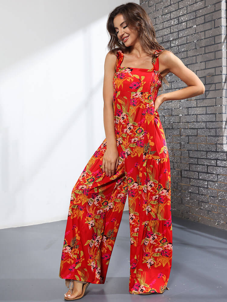 Floral Printed Boho Square Neck Jumpsuit Tiynon