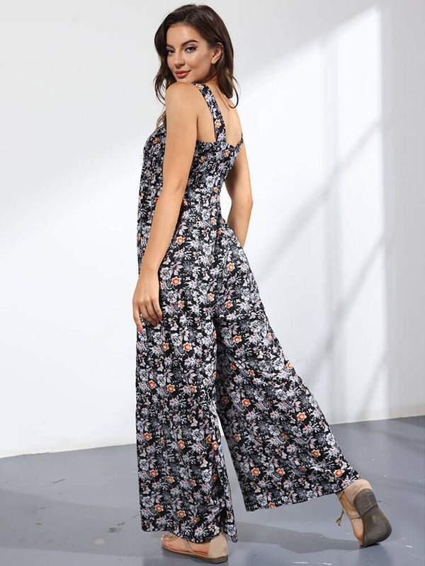 Floral Printed Boho Square Neck Jumpsuit Tiynon