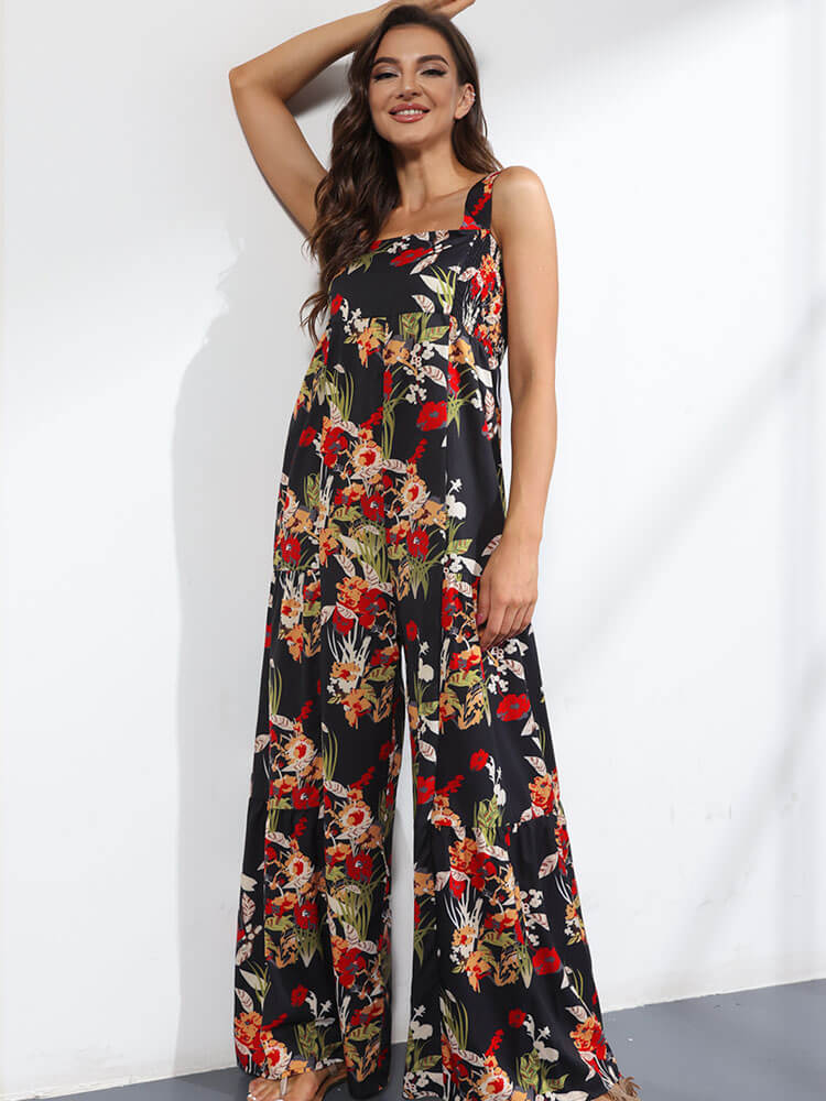 Floral Printed Boho Square Neck Jumpsuit Tiynon