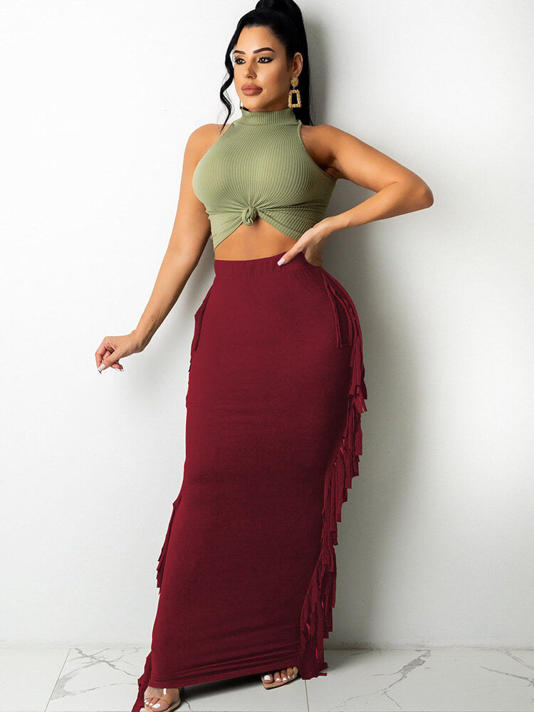 Fringe High Waist Maxi Dress Tiynon