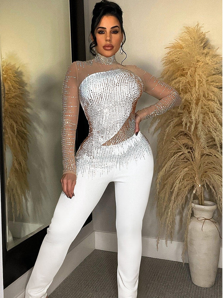 Glitter Rhinestone Mesh Patchwork Bodycon Jumpsuits Tiynon