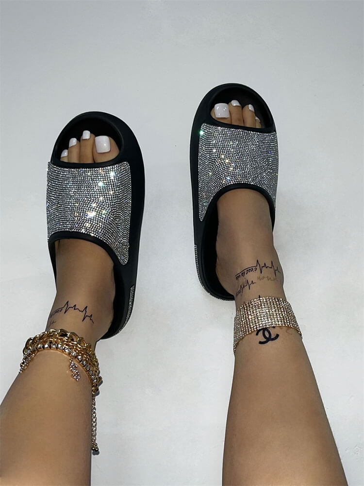 Glitter Rhinestone Platform Slides Tiynon