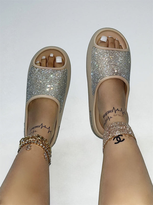 Glitter Rhinestone Platform Slides Tiynon