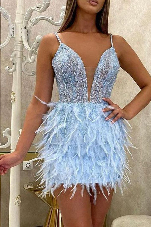 Glitter Short Prom Dress Sexy Spaghetti Straps Pearl Sequin Feather Luxury Tiynon