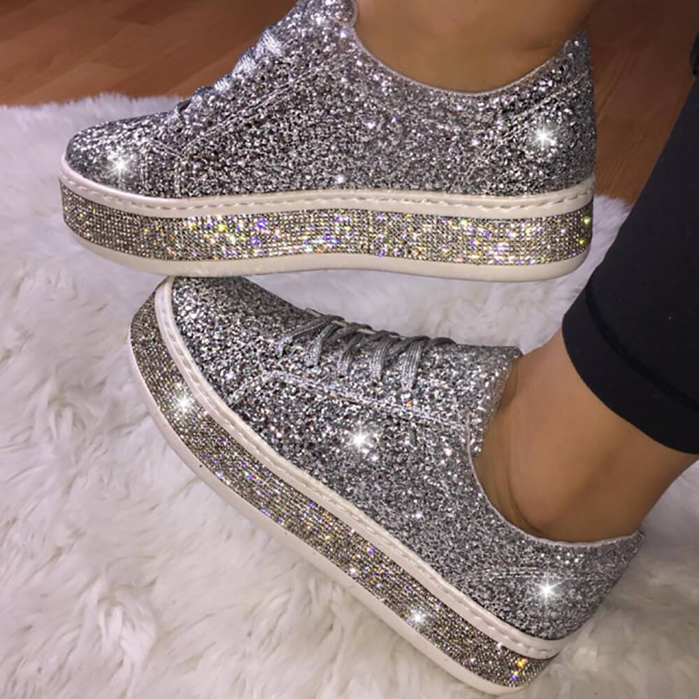 Glitter Sparkly Lace Up Flat Sneakers Tiynon