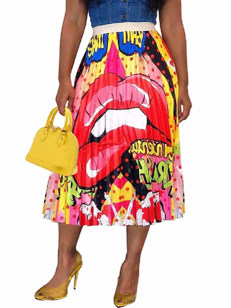 Graffiti Printed Elastic Waist Swing Midi Dress Tiynon