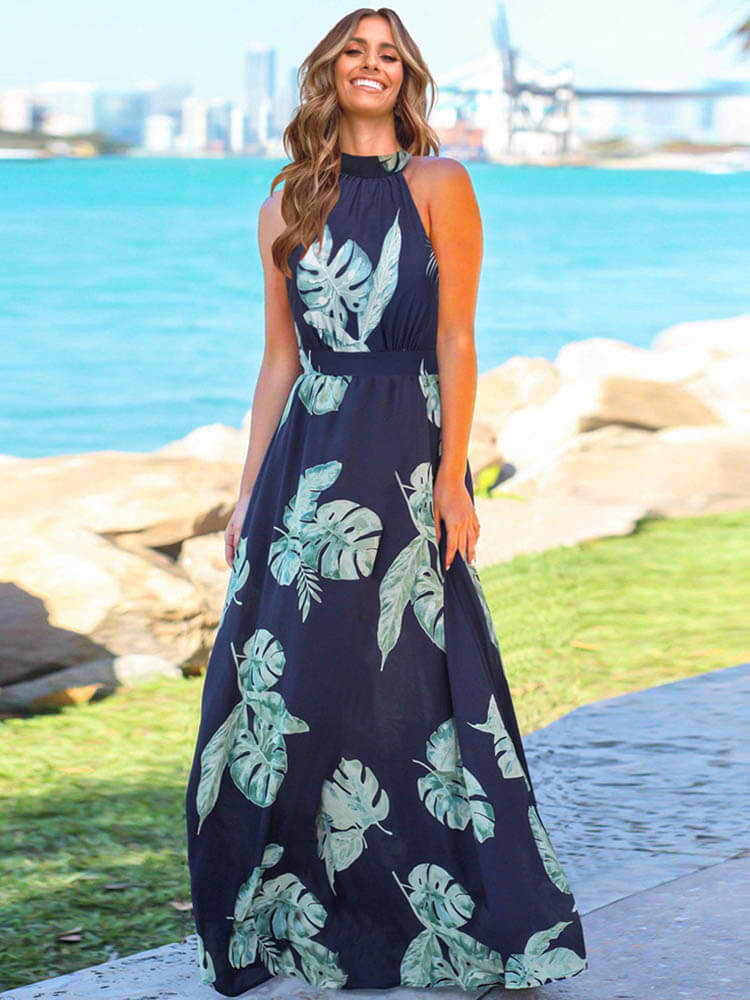 Halter Backless Floral Print Maxi Dress Tiynon