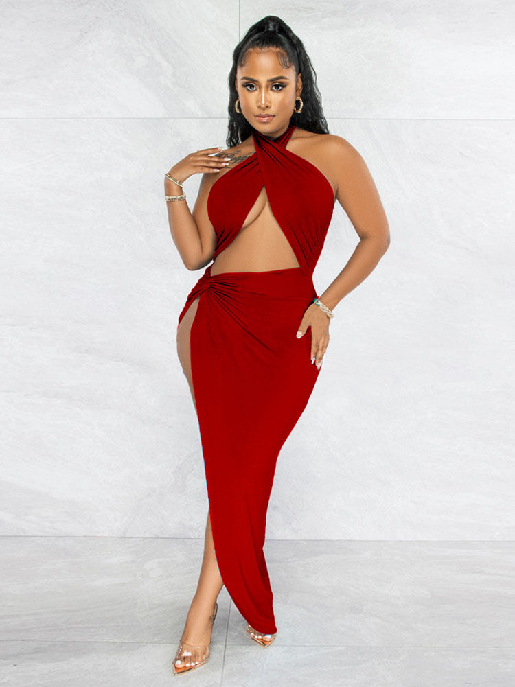 Halter Backless Irregular Slit Maxi Dresses Tiynon