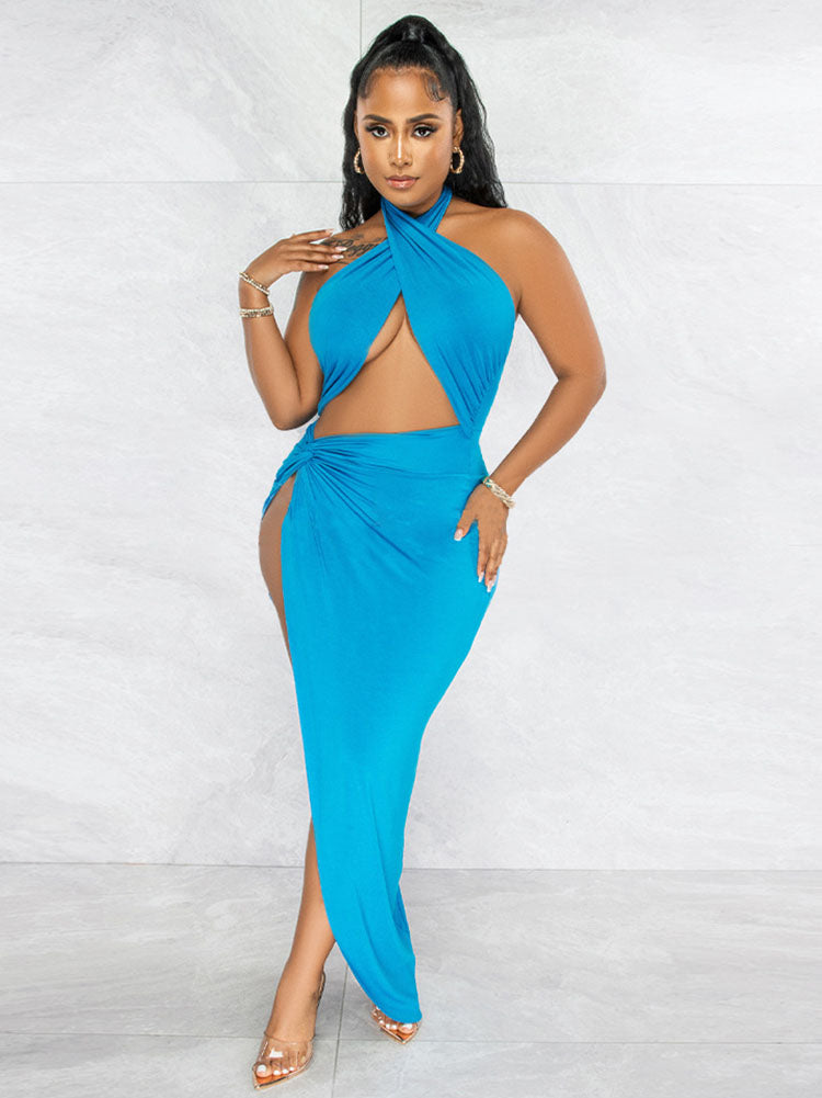 Halter Backless Irregular Slit Maxi Dresses Tiynon