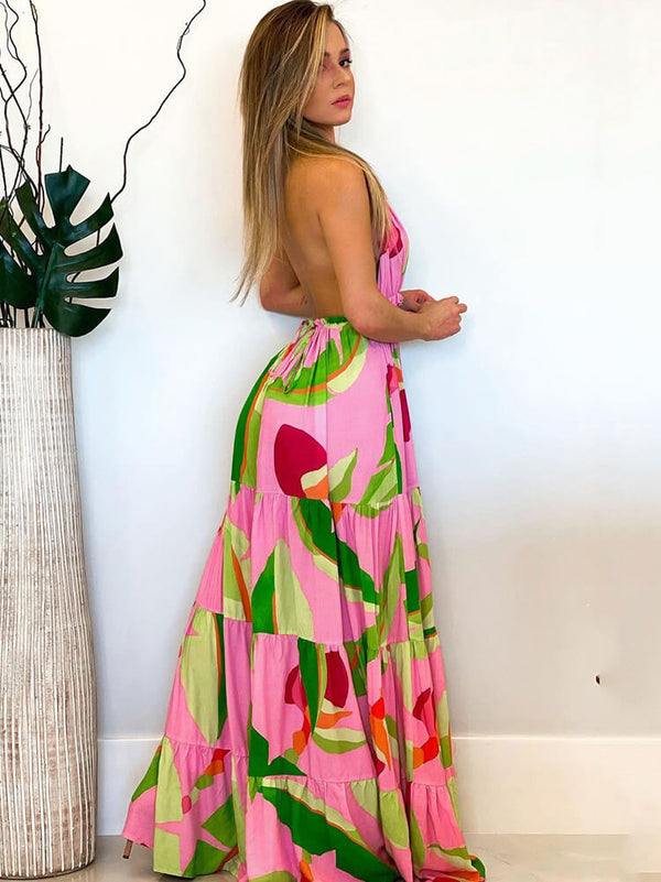 Halter Neck Backless Floral Print Maxi Dressses Tiynon