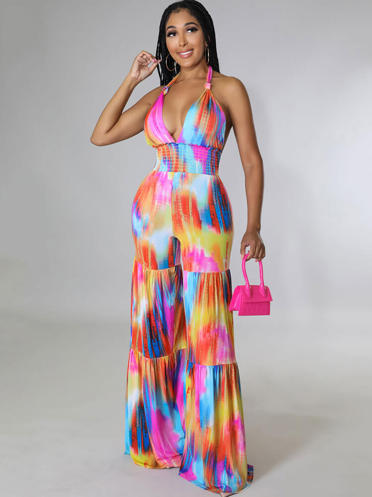 Halter Neck Backless Tie Dye Wide Leg Jumpsuits Tiynon