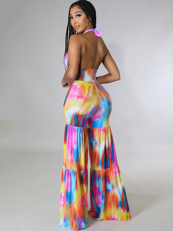 Halter Neck Backless Tie Dye Wide Leg Jumpsuits Tiynon