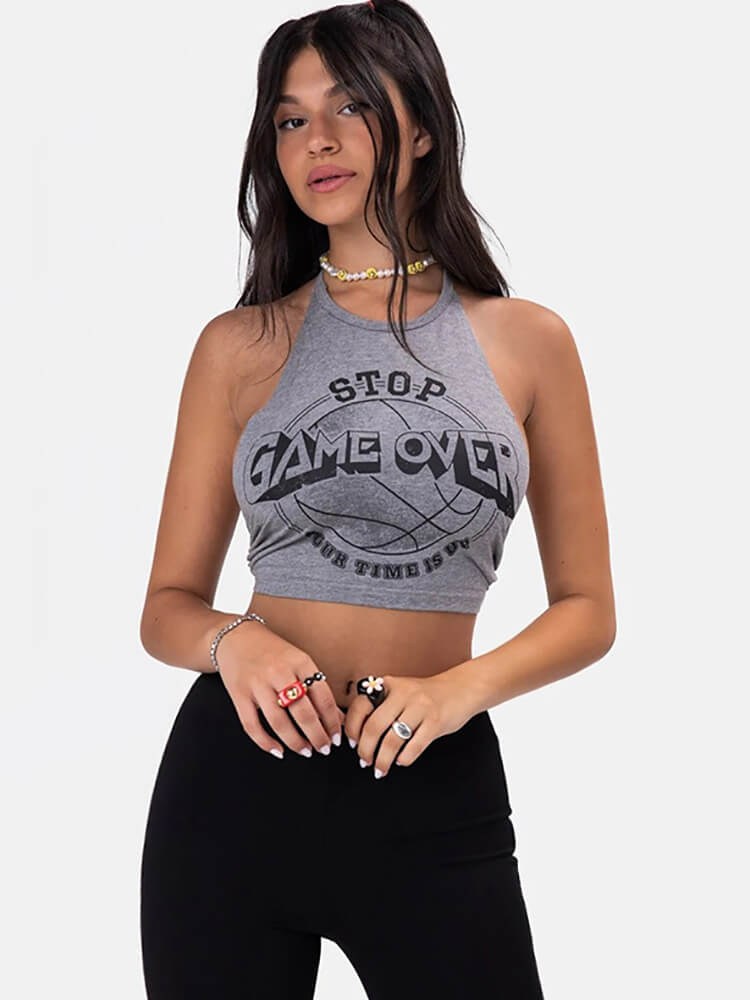 Halter Neck Letter Print Backless Crop Tops Tiynon