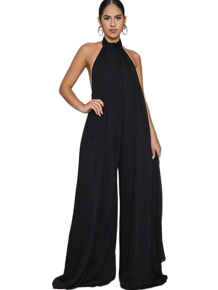 Halter Neck Sleeveless Backless Wide Leg Rompers Tiynon