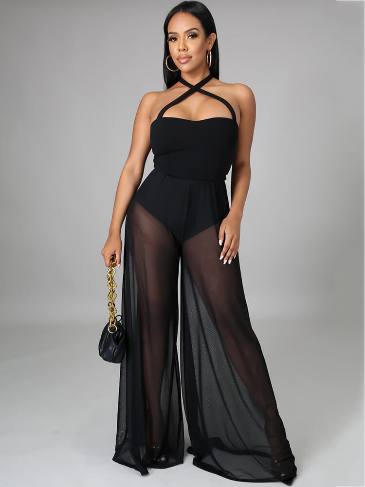 Halter Neck Strap Sheer Mesh Wide Leg Jumpsuits Tiynon