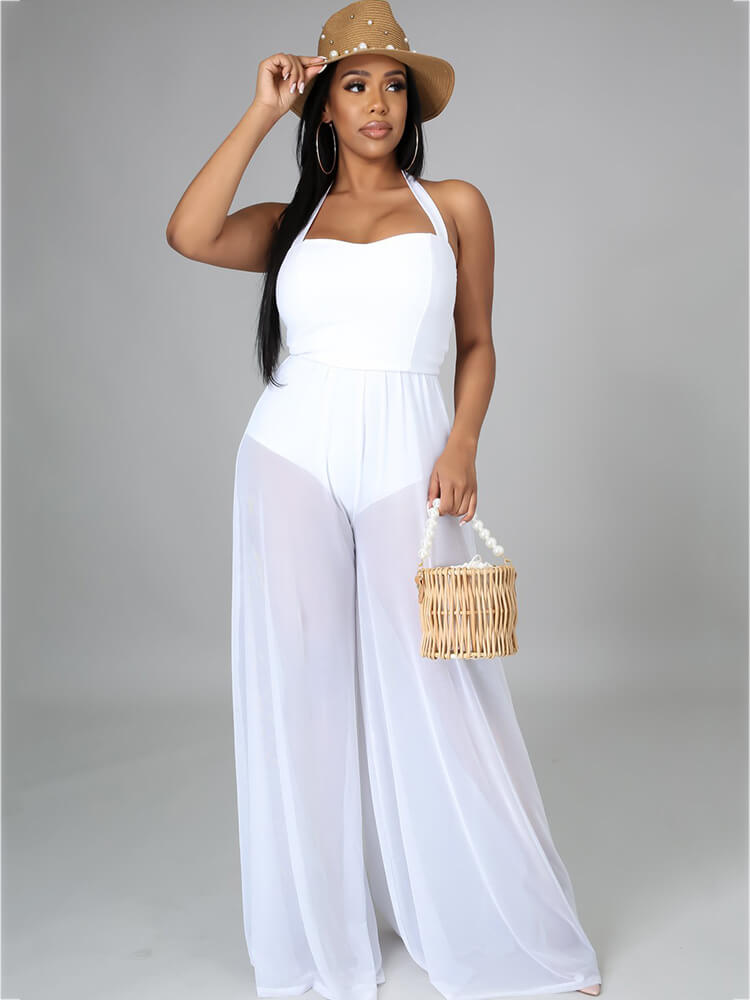 Halter Neck Strap Sheer Mesh Wide Leg Jumpsuits Tiynon