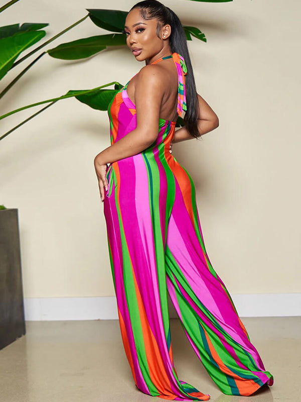 Halter Neck Striped Print Wide Leg Jumpsuit Tiynon