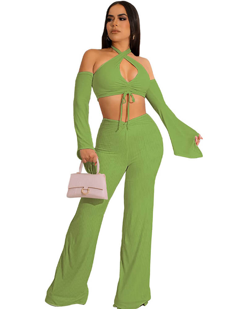 Halter Off Shoulder Crop Top & Wide Leg Long Pants Tiynon