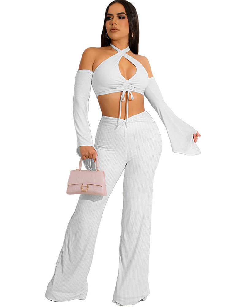 Halter Off Shoulder Crop Top & Wide Leg Long Pants Tiynon