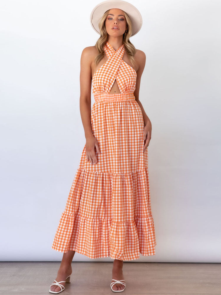 Halter Sleeveless Backless Plaid Maxi Dresses Tiynon